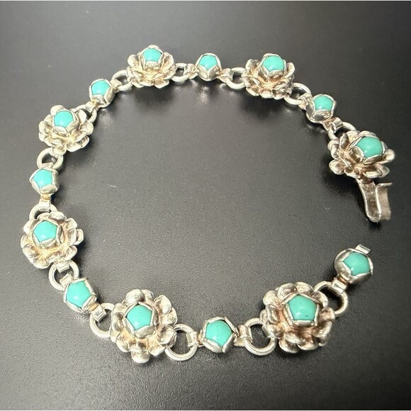 Taxco Jewelry - VINTAGE 50s TAXCO MEXICO STERLING SILVER TURQUOISE BLOSSOM FLOWER BRACELET 6.5”